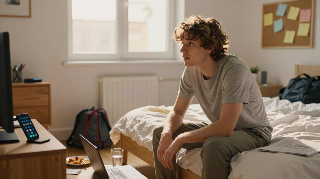 Jovem sentado na beira da cama num quarto, olhando para um ecrã com postura pensativa.