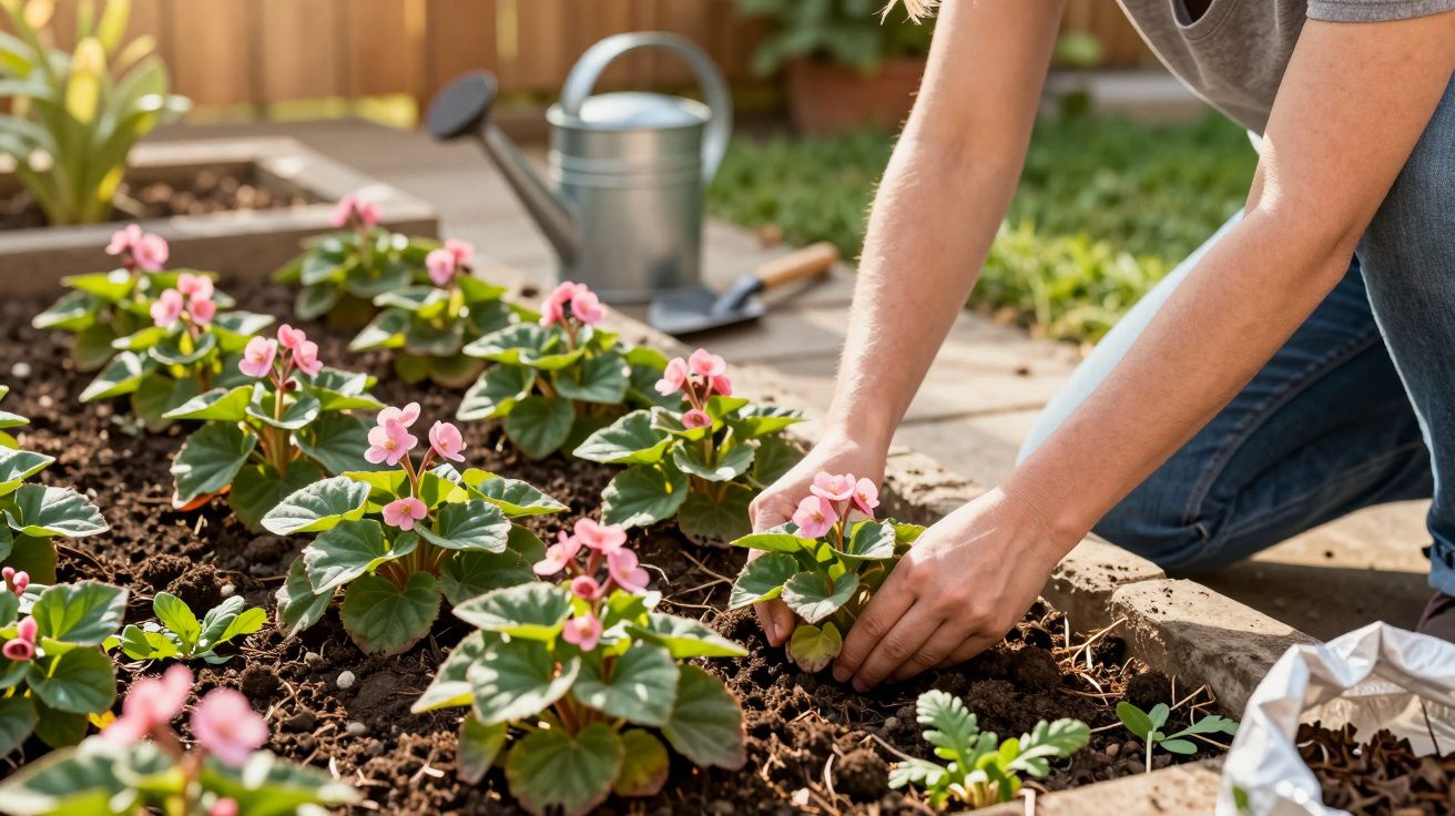 Pessoa a plantar flores cor-de-rosa num canteiro, com regador e ferramentas de jardinagem ao fundo.