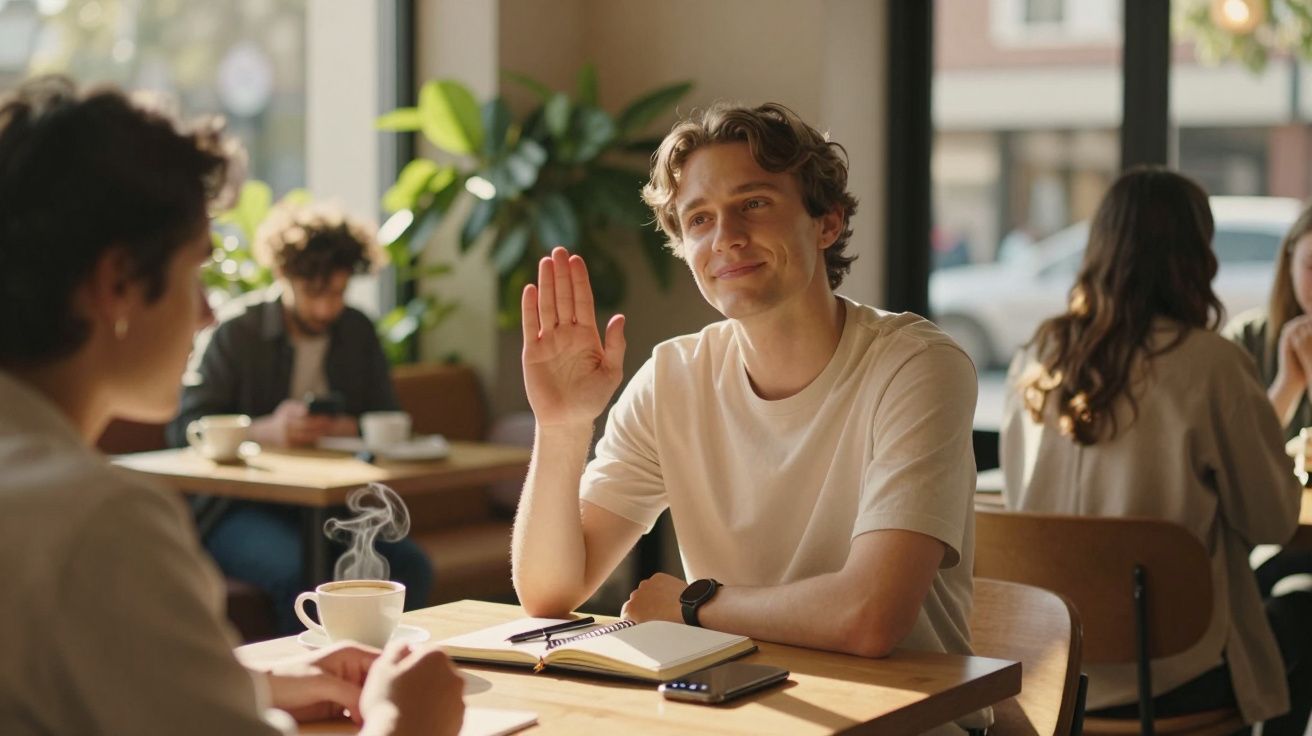 Homem jovem sentado numa mesa de café com bloco de notas e a acenar com a mão num ambiente iluminado.