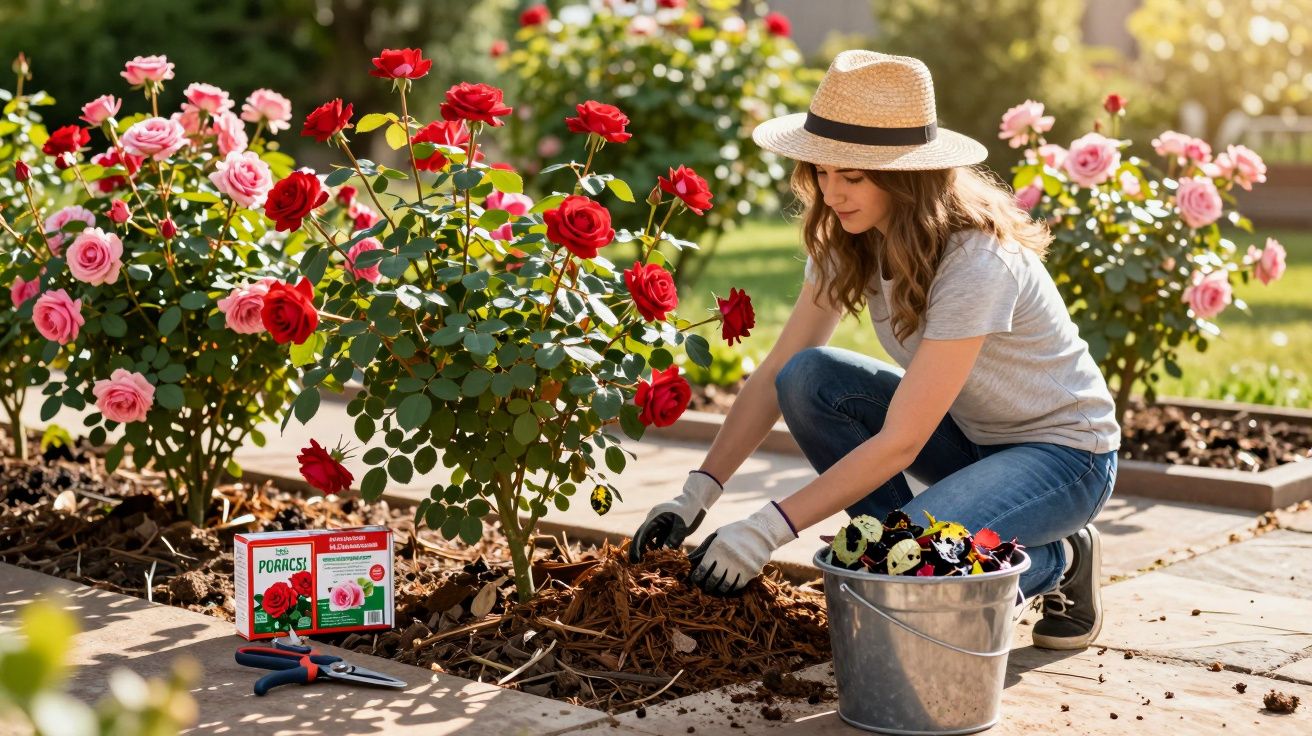 Mulher a cuidar de roseiras, a colocar palha à volta das plantas num jardim ensolarado.