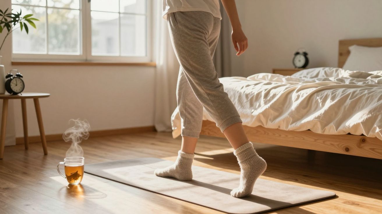 Pessoa de meia e calças cinzentas caminha numa sala com tapete, cama e chá quente a fumegar numa chávena.