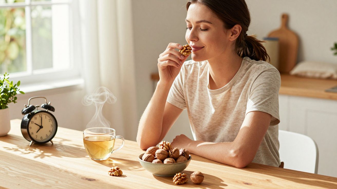 Mulher sentada numa mesa a cheirar noz quebrada, ao lado de chá quente e um despertador preto.