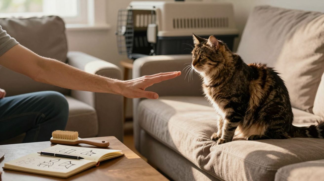 Mão humana a tentar tocar um gato castanho e preto sentado num sofá bege numa sala iluminada.
