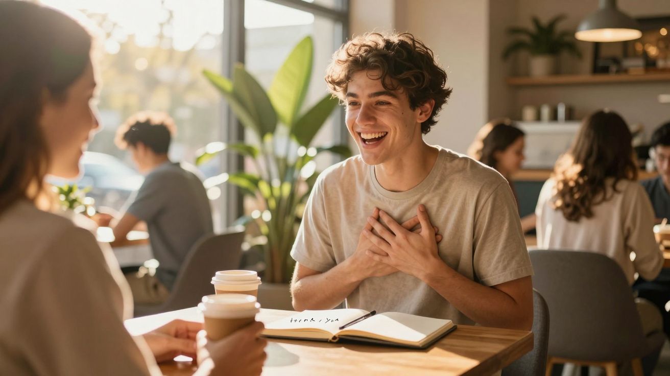 Jovem sorridente com as mãos no peito conversa com outra pessoa num café iluminado pela luz natural.