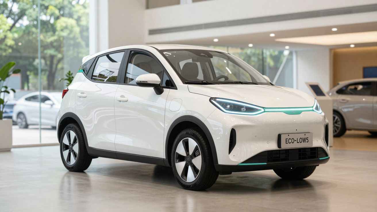 Carro elétrico branco ECO-LOW5 estacionado dentro de showroom moderno com luz natural.