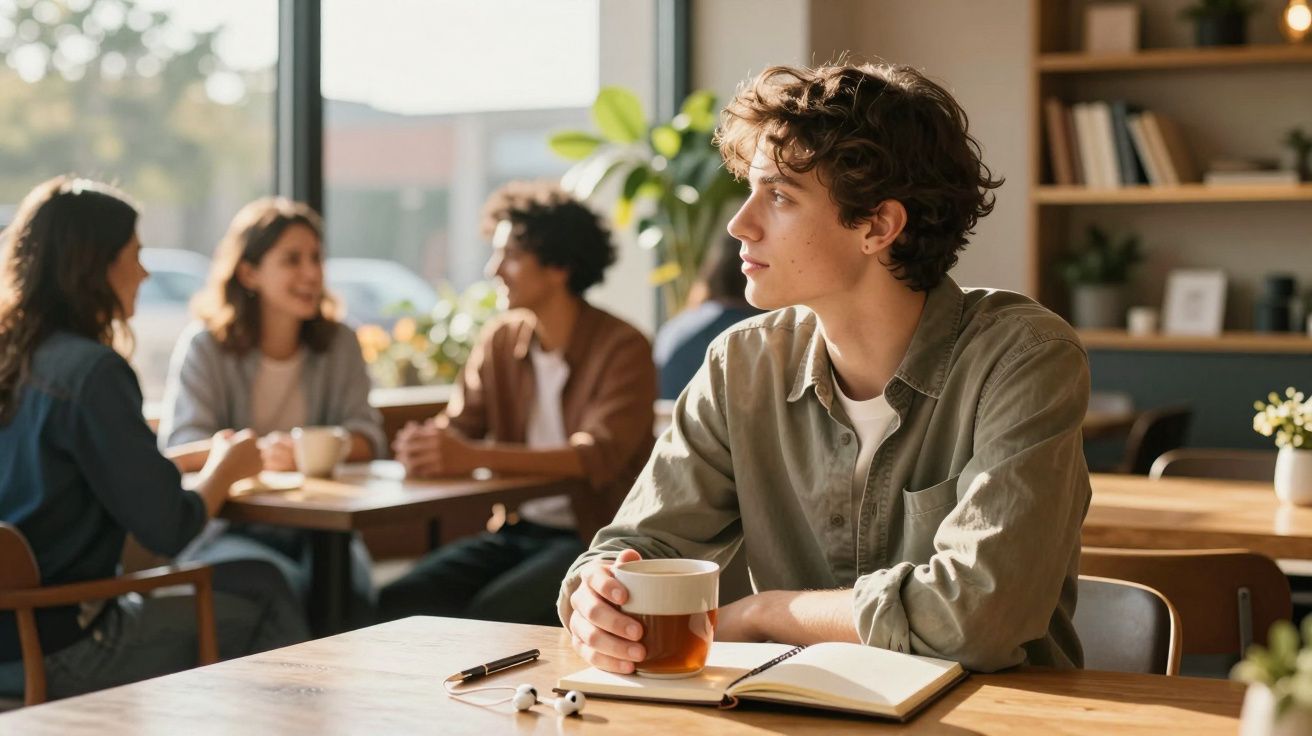 Jovem a beber chá e olhar para o lado numa mesa com caderno aberto, enquanto grupo conversa ao fundo.