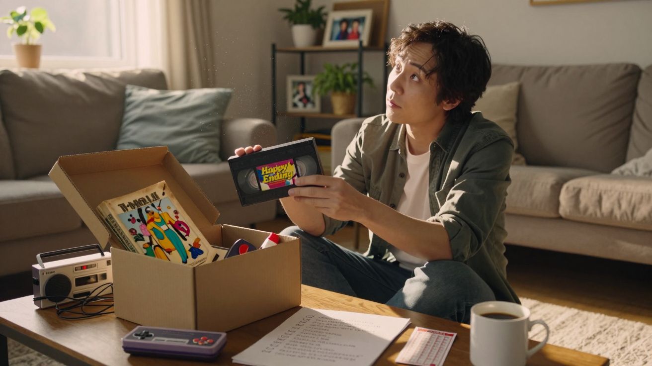 Jovem sentado no chão da sala a segurar uma cassete VHS intitulada "Happy Ending" à frente de uma caixa com objetos antigos.