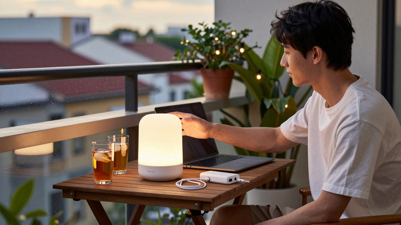 Homem a ligar candeeiro numa varanda ao final do dia, com portátil e bebidas numa mesa de madeira.