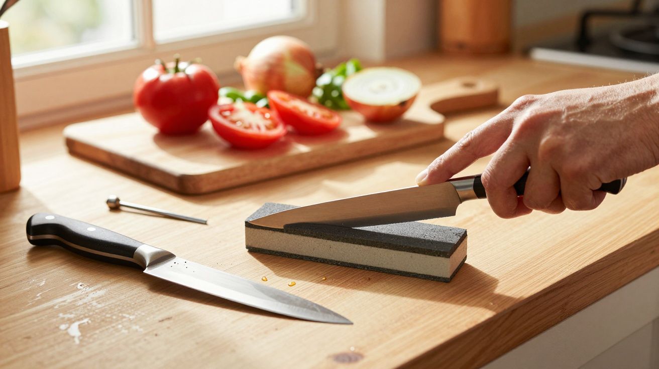 Pessoa afia uma faca numa pedra de amolar numa bancada de cozinha com tomates e cebolas cortados ao fundo.