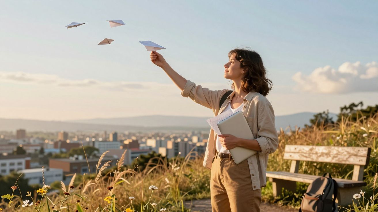 Jovem segurando caderno lança avião de papel em campo com cidade ao fundo durante pôr do sol.