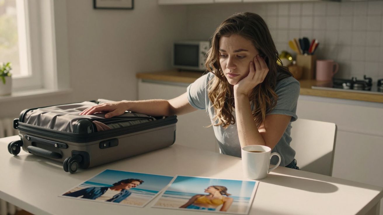 Mulher pensativa na cozinha com mala fechada, olhando fotos de duas pessoas numa mesa branca.