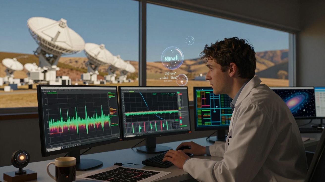 Jovem cientista observa gráficos em computadores com antenas parabólicas visíveis através da janela.