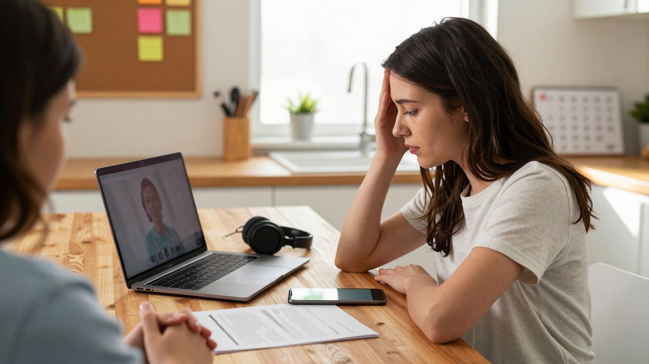 Duas mulheres em videoconferência, uma delas preocupada com a mão na testa, num ambiente doméstico.