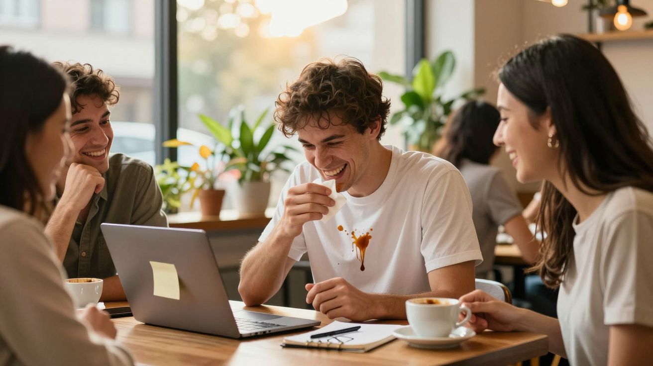 Três amigos numa esplanada, riem-se enquanto um deles tem uma mancha de café na t-shirt branca.