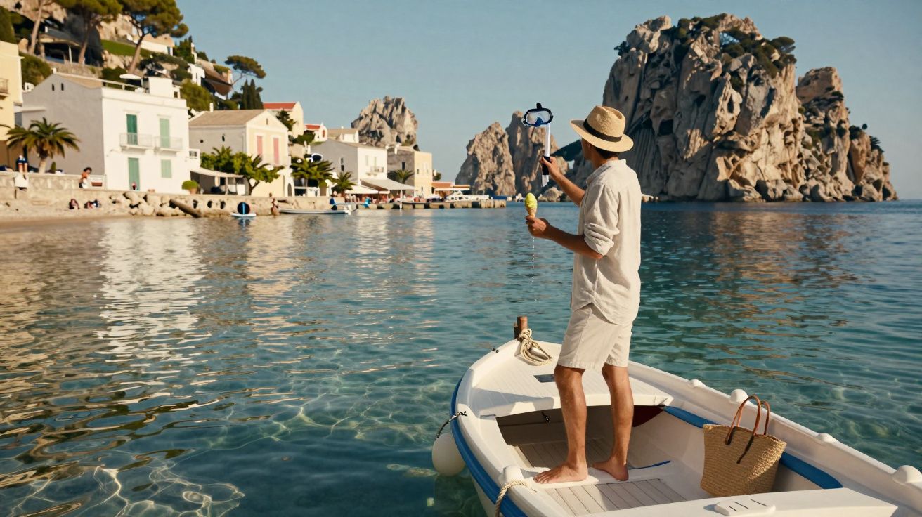 Homem de chapéu tira selfie com gelado numa pequena embarcação em águas calmas junto a falésias e casas costeiras.