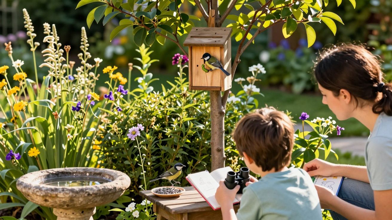 Criança e mulher observam pássaros junto a casa de madeira num jardim florido e ensolarado.