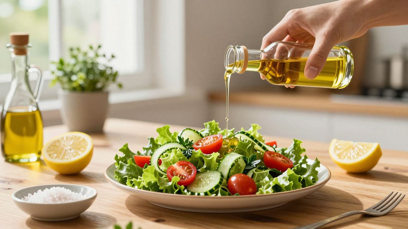 Mão a verter azeite sobre salada com alface, tomate cherry e pepino numa cozinha iluminada.