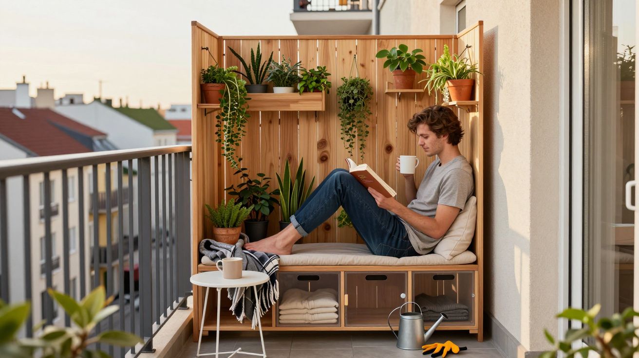 Homem sentado num banco com plantas, a ler e beber numa varanda com vista para edifícios.