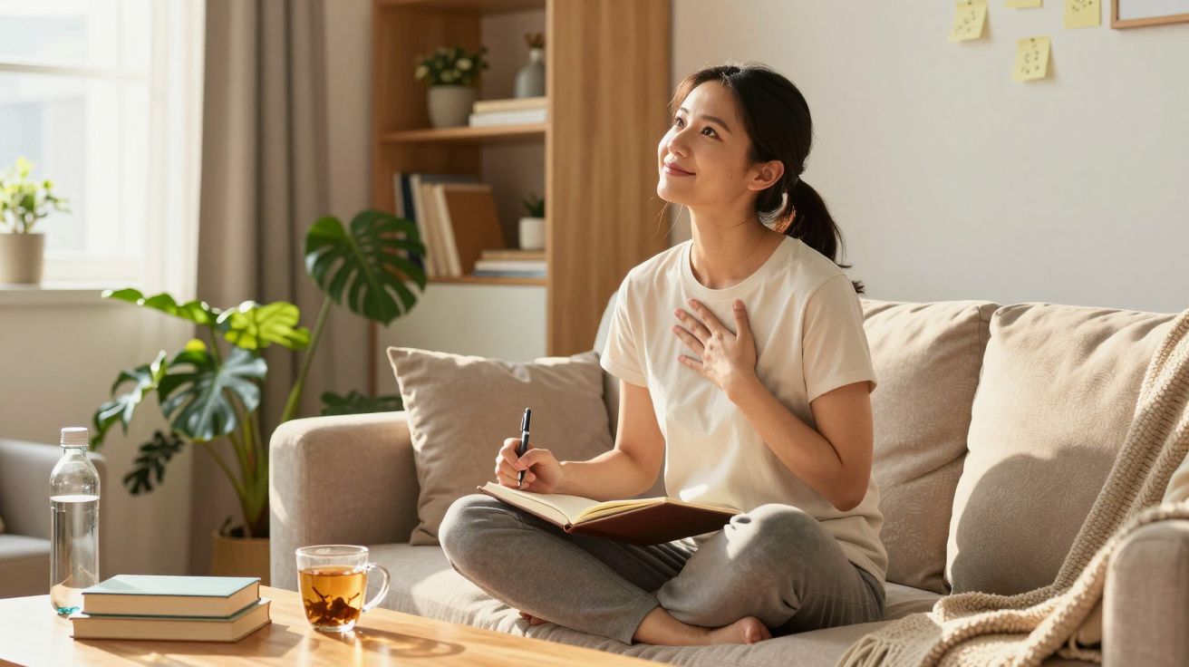 Mulher sentada no sofá a escrever num caderno, rodeada por plantas e luz natural na sala de estar.