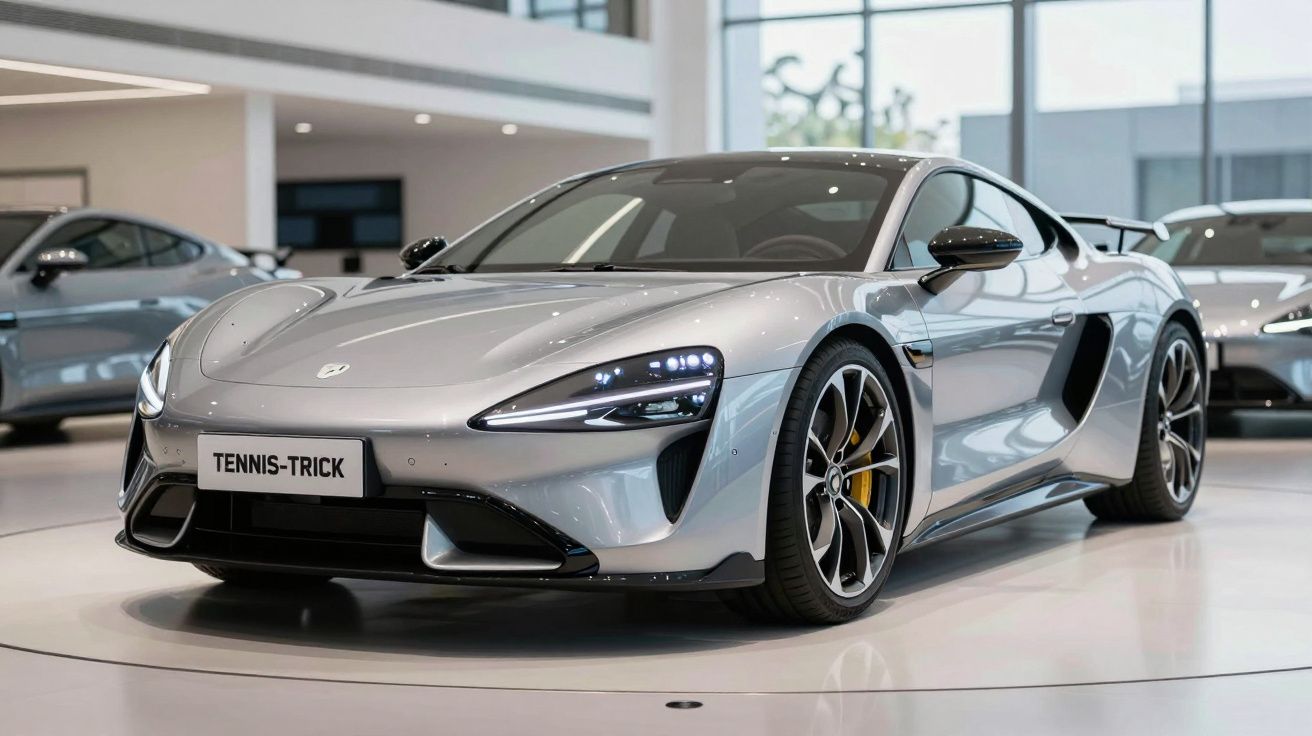 Automóvel desportivo cinzento estacionado em showroom com luzes dianteiras ligadas e rodas pretas com travões amarelos.