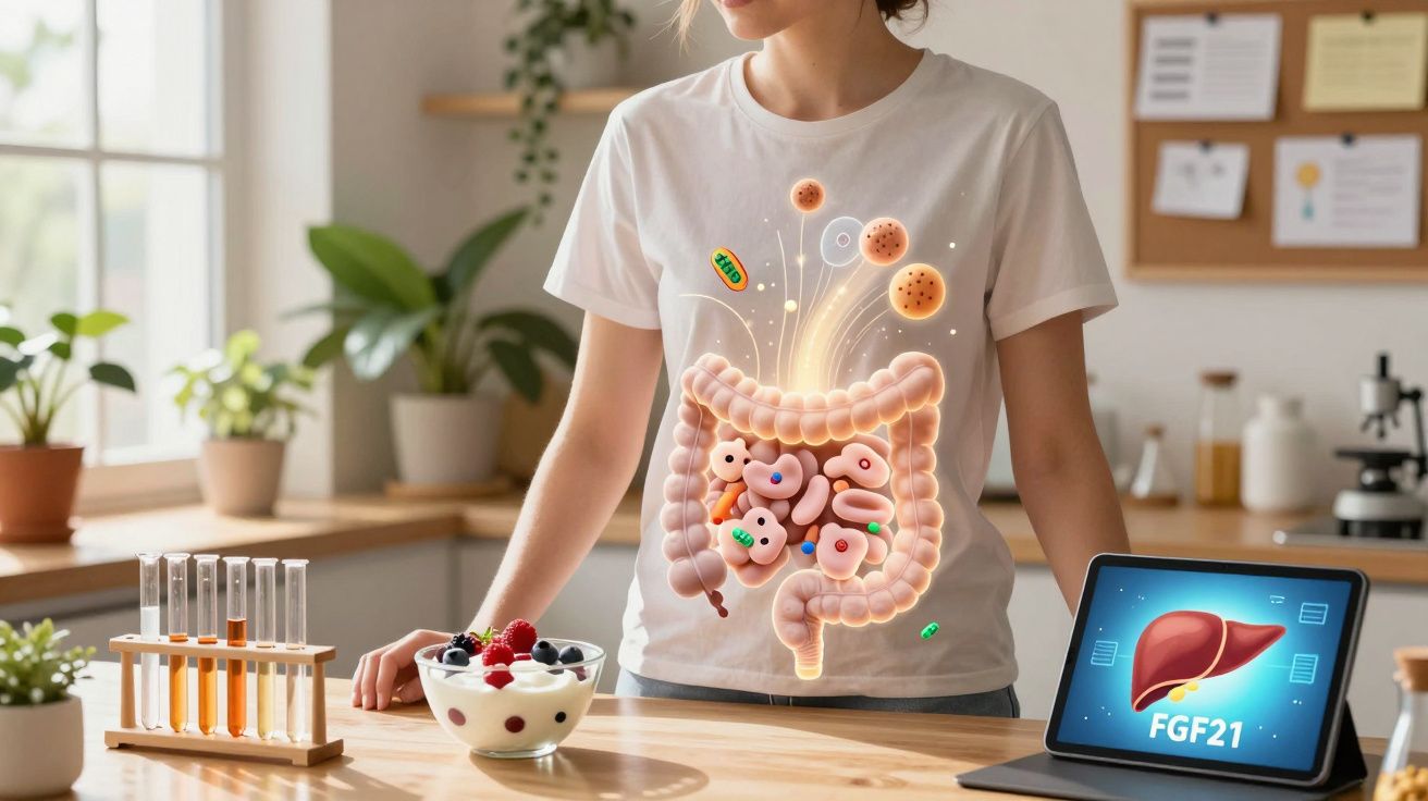 Pessoa com gráfico digital de intestino e bactérias projetado sobre o corpo, protegida no ambiente de laboratório doméstico.