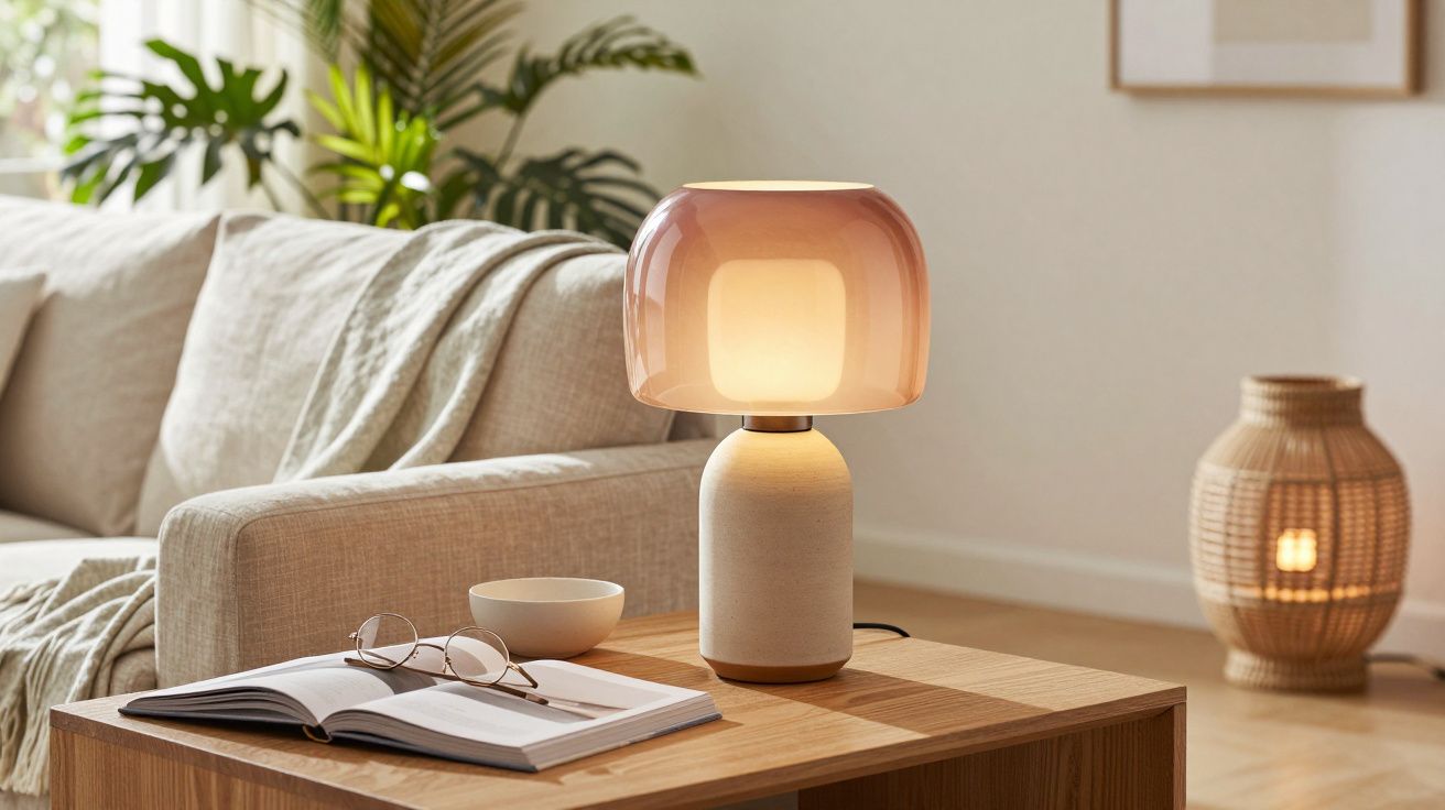 Lâmpada de mesa acesa, livro aberto, óculos, chávena e sofá cinzento numa sala luminosa com plantas.