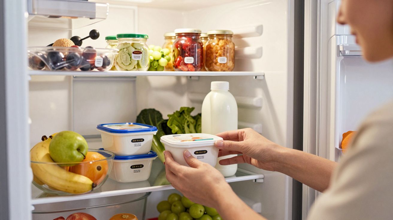 Mãos a colocar recipientes de comida na prateleira de um frigorífico com frutas, vegetais e leite.