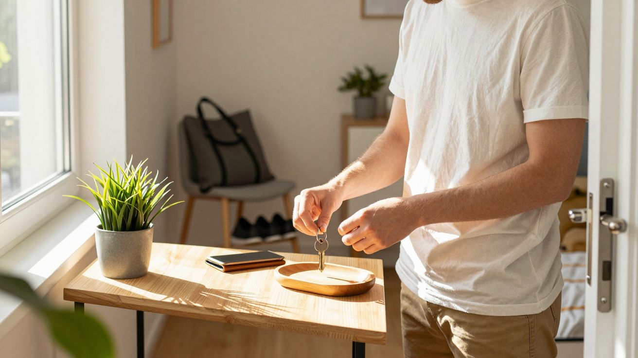 Pessoa a guardar chaves num prato de madeira numa mesa junto à janela iluminada pelo sol.