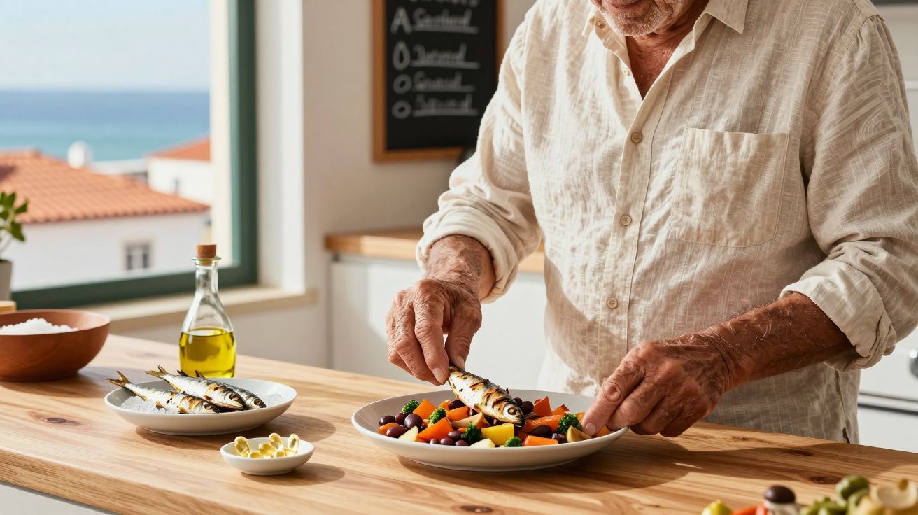 Homem a preparar salada com legumes e sardinhas grelhadas numa cozinha com vista para o mar.