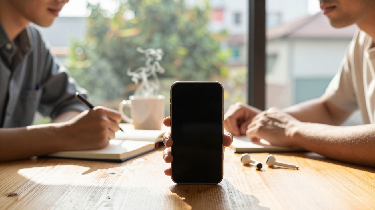 Dois homens sentados à mesa, um segura telemóvel com ecrã vazio e outro escreve num caderno, com auscultadores e chá ao fundo