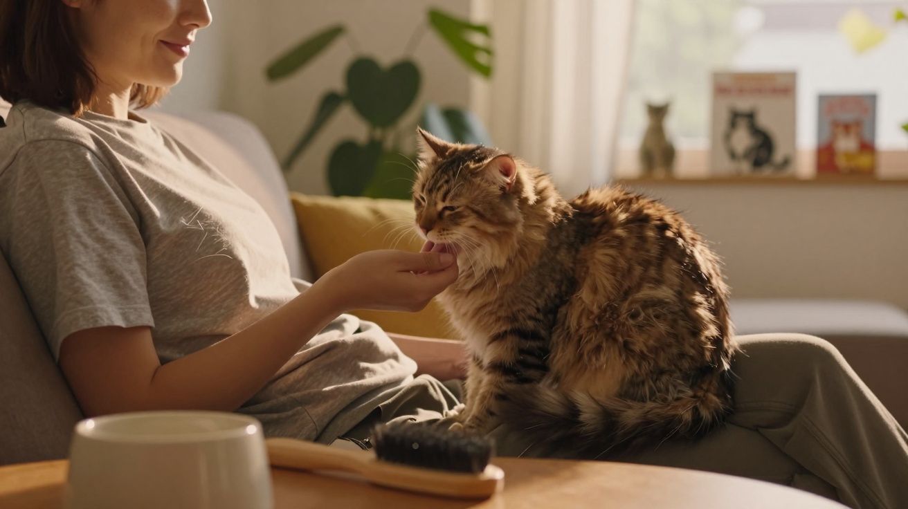 Mulher a alimentar um gato sentado nas suas pernas numa sala iluminada e acolhedora.