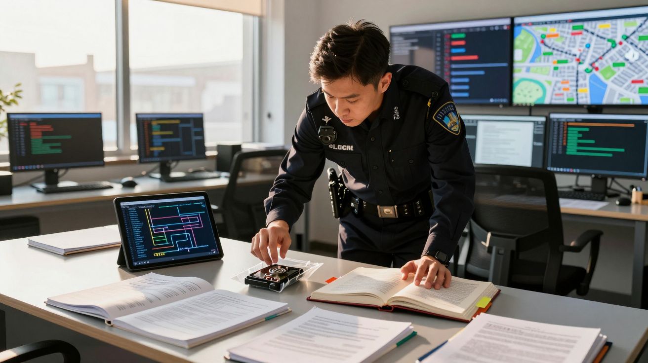 Polícia a analisar dados e equipamentos em escritório moderno com vários ecrãs e documentos espalhados.