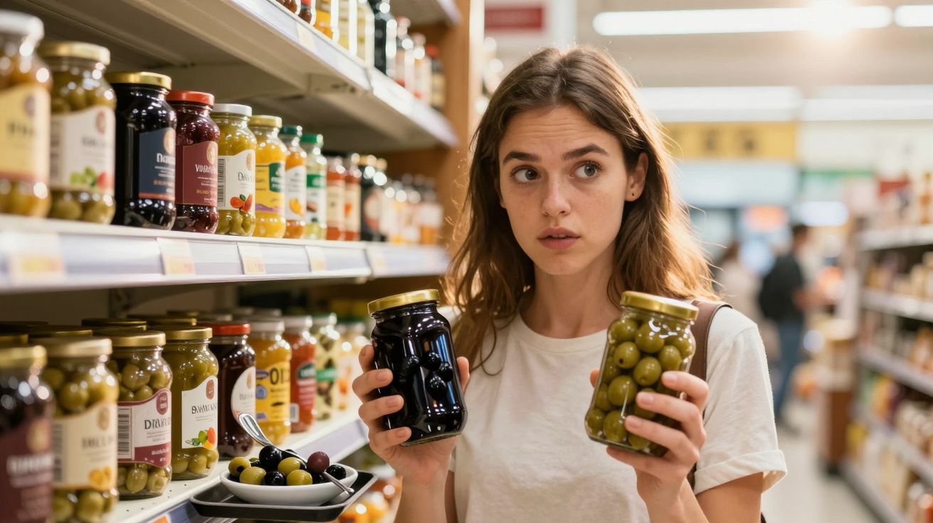 Mulher num supermercado a comparar frascos de azeitonas verdes e pretas na mão.