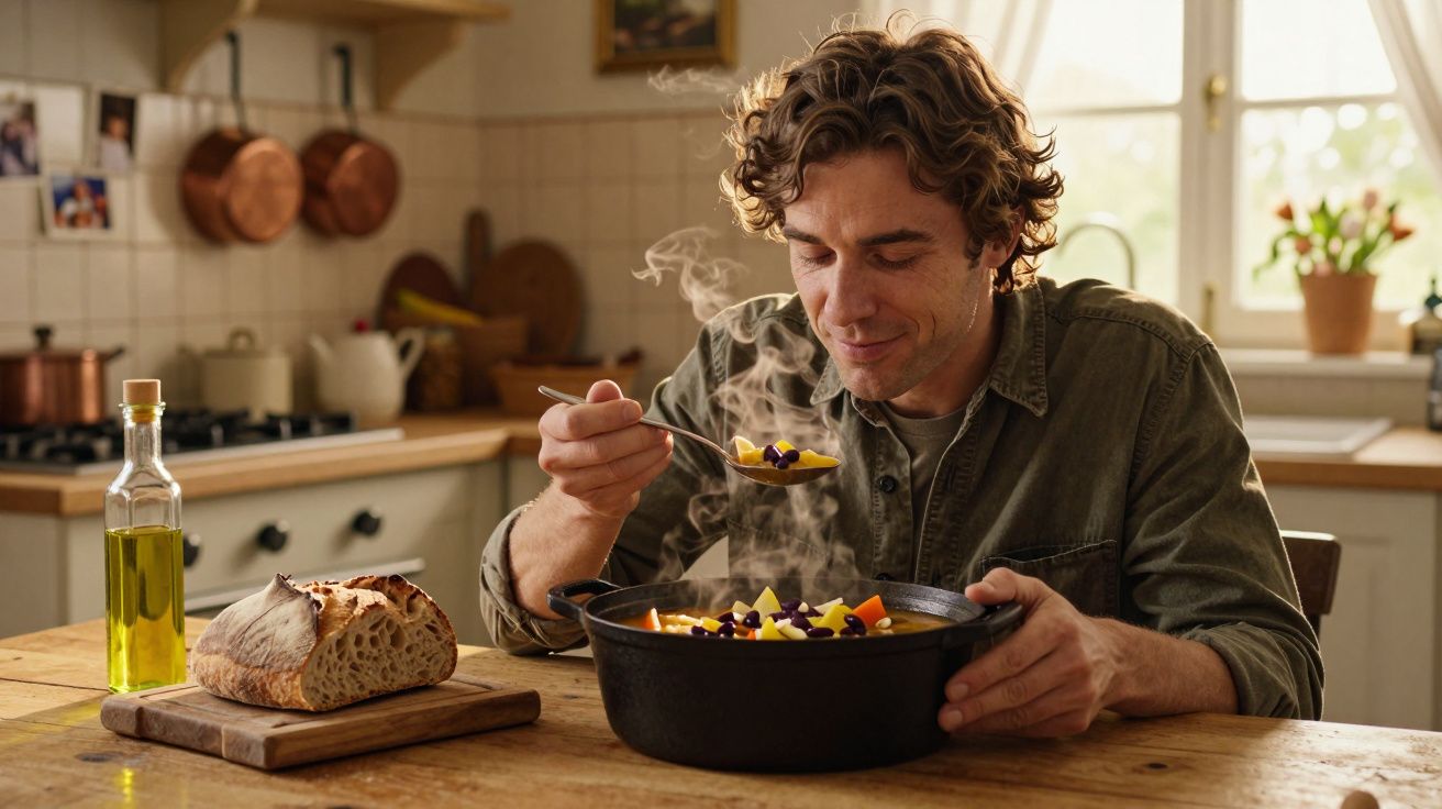 Homem a apreciar uma colher de sopa quente de estufado numa cozinha acolhedora com pão rústico na mesa.