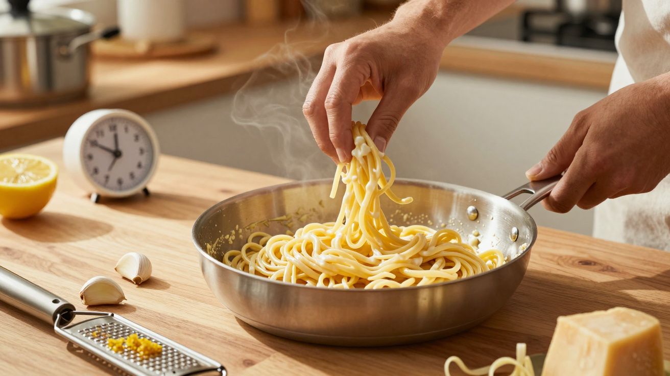 Mãos a apanhar esparguete fumegante numa frigideira de inox numa bancada de cozinha com alho e queijo.