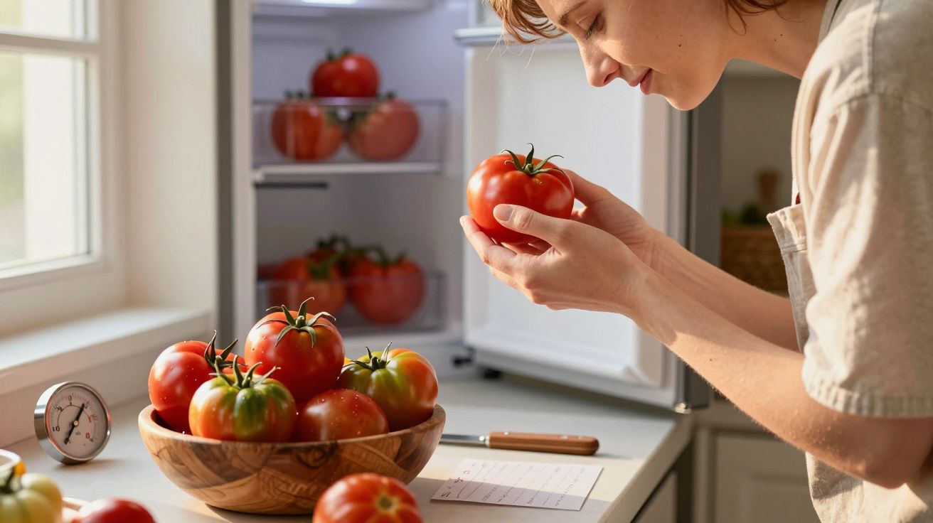Pessoa a cheirar um tomate vermelho junto a uma taça cheia de tomates numa cozinha iluminada.