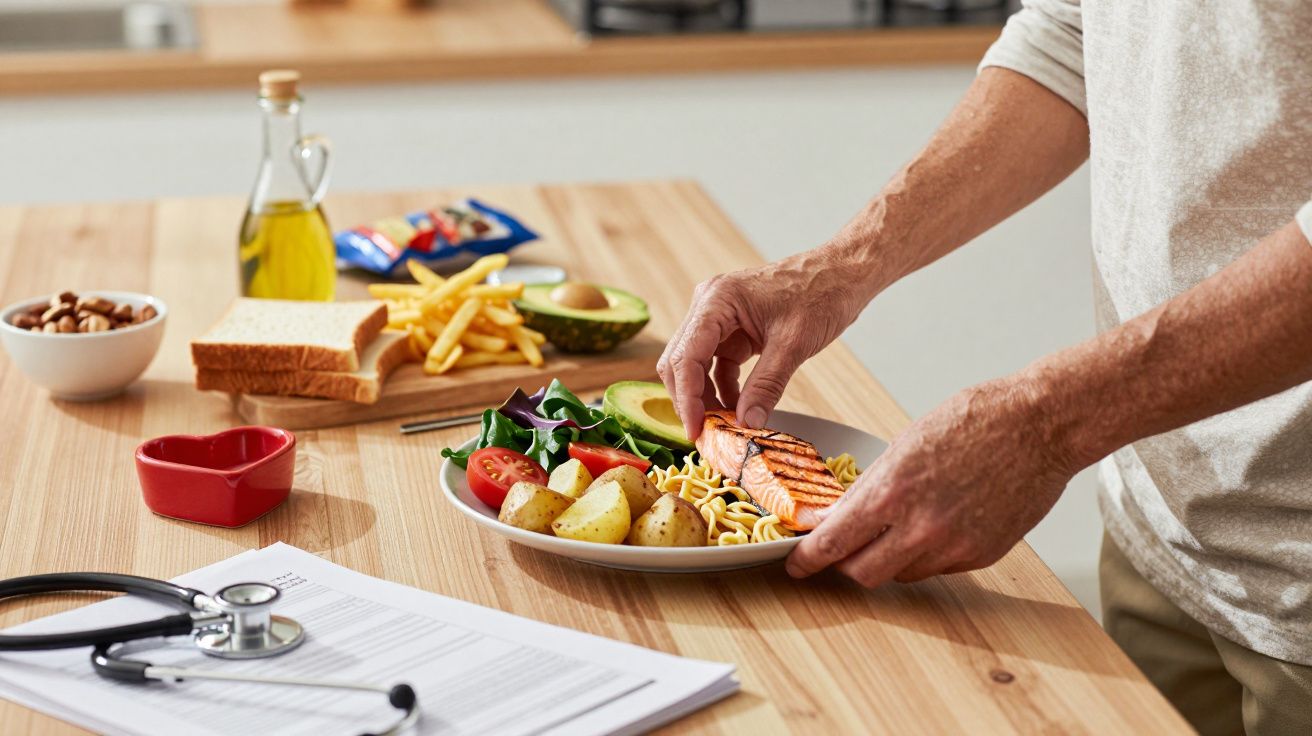 Pessoa a colocar salmão grelhado num prato com legumes, batata e massa, com estetoscópio e pão ao lado.