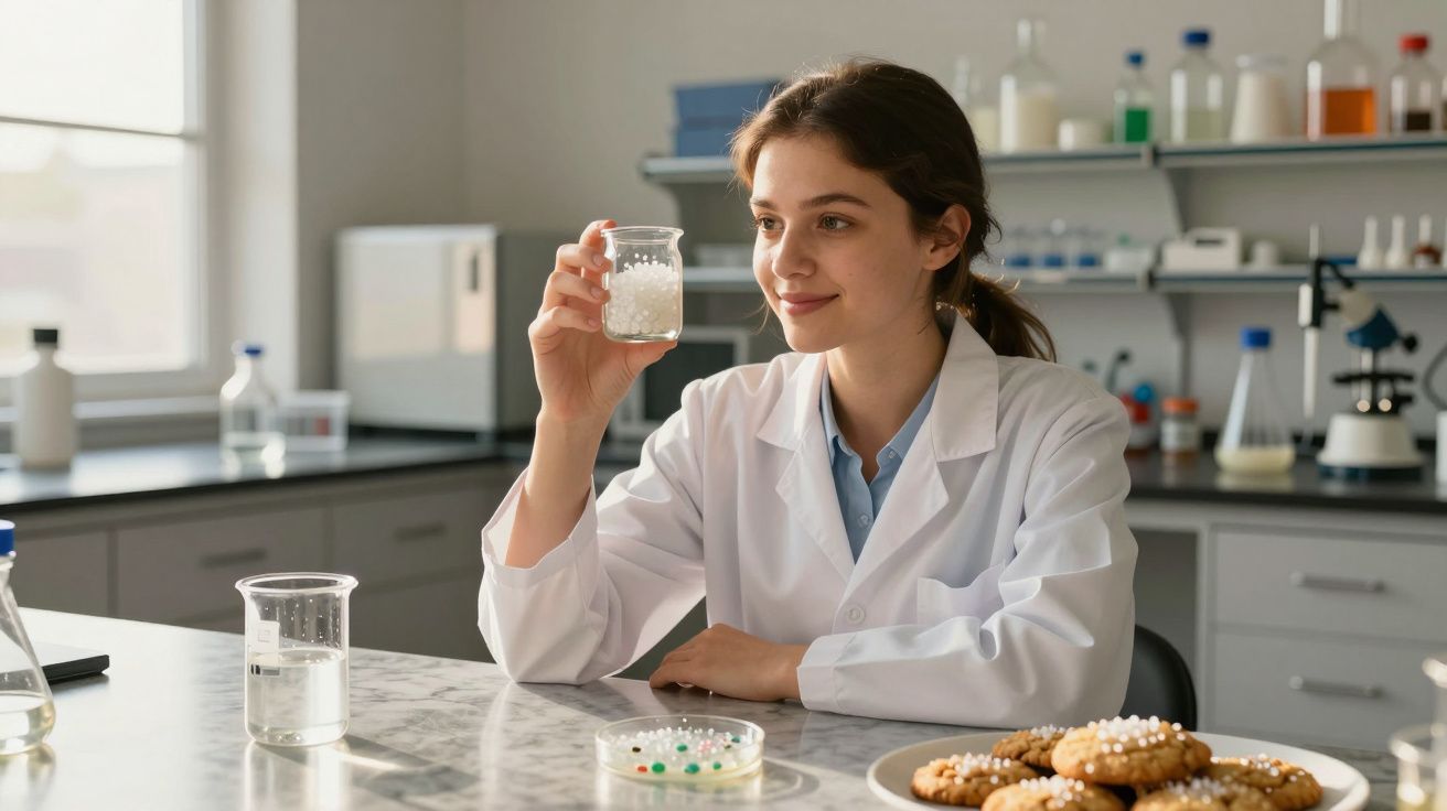 Jovem cientista no laboratório a examinar substância em frasco, com biscoitos e equipamentos na mesa.