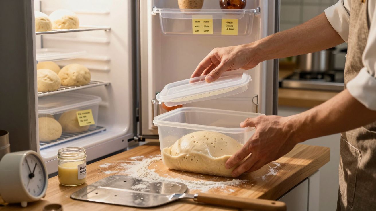 Pessoa a guardar massa fermentada numa caixa plástica no balcão de cozinha, com mini frigorífico aberto ao fundo.