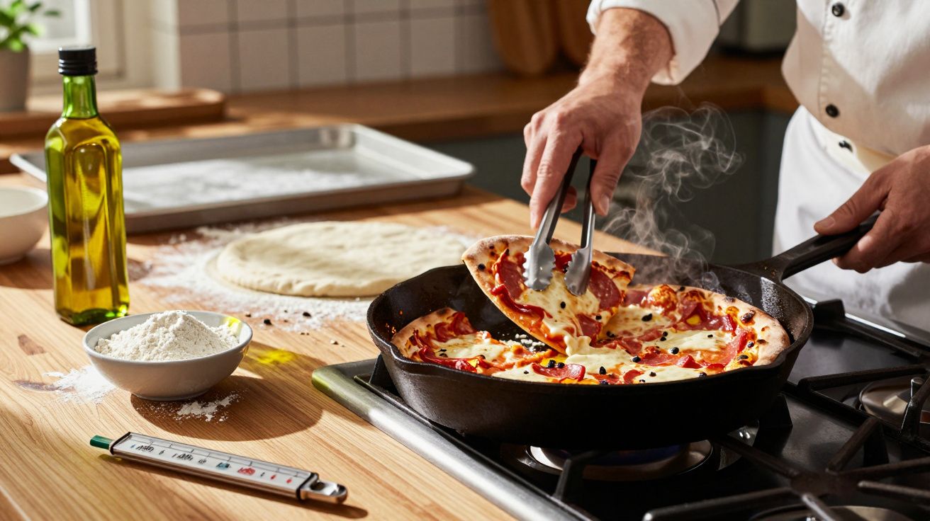 Pessoa a retirar pizza fumegante de frigideira no fogão, com massa, farinha e azeite na bancada.