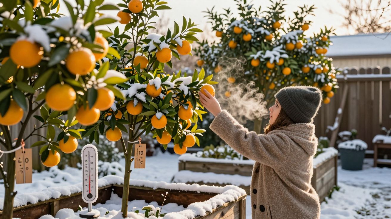 Menina em casaco quente colhe laranja de árvore coberta de neve num jardim com termómetro a -10ºC.