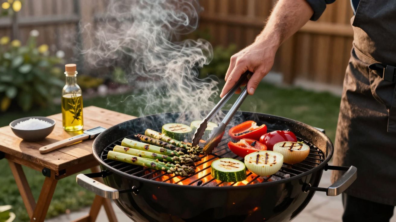 Mãos a grelhar legumes variados como espargos, courgette, pimento e cebola num churrasco ao ar livre.