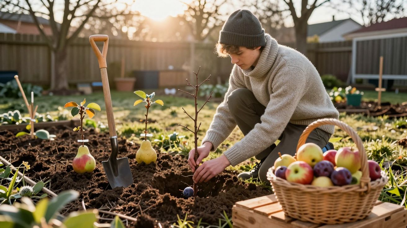 Jovem a plantar árvore num jardim ensolarado com cesta de frutas e enxada ao lado.