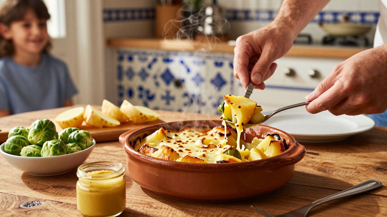 Prato de batatas gratinadas a sair do forno com queijo derretido, num cenário de cozinha caseira.