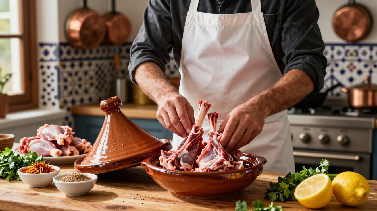 Pessoa coloca pedaços de carne numa tagine num cozinha tradicional com especiarias e limões.