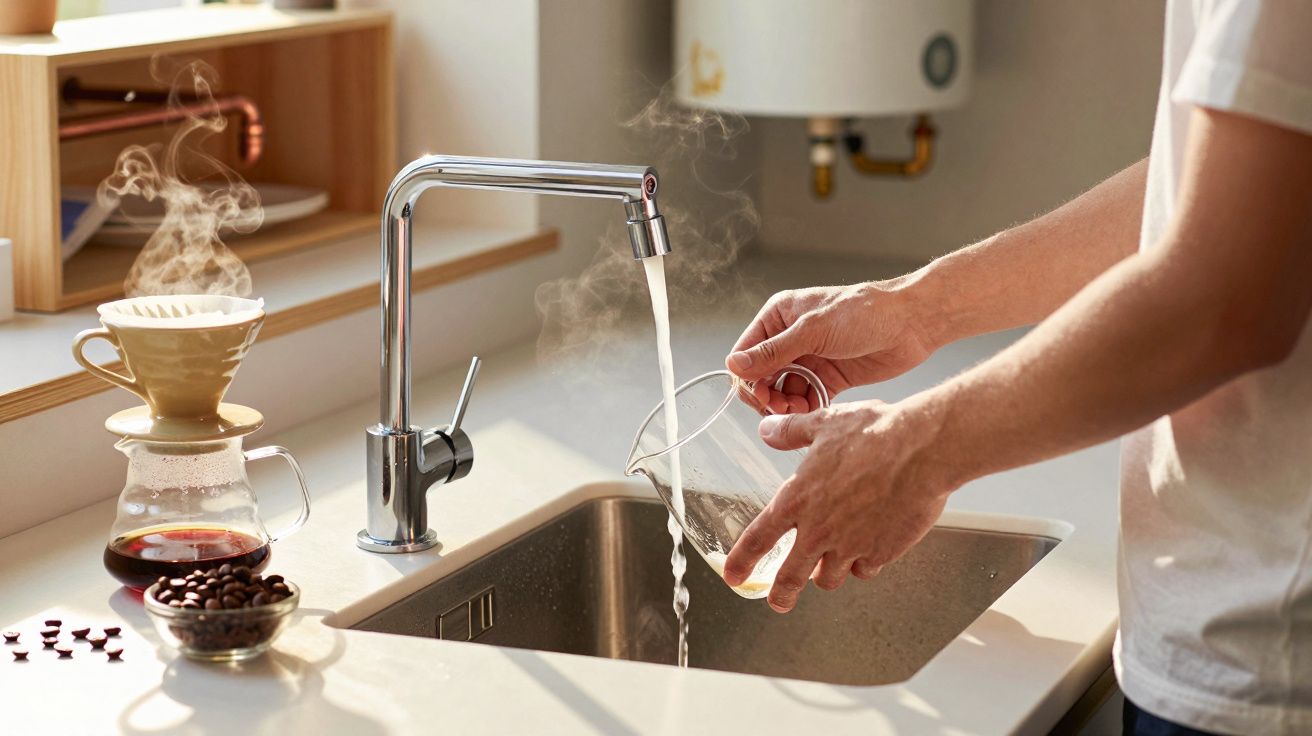 Pessoa a lavar jarro transparente numa cozinha com cafeteira e grãos de café numa tigela.