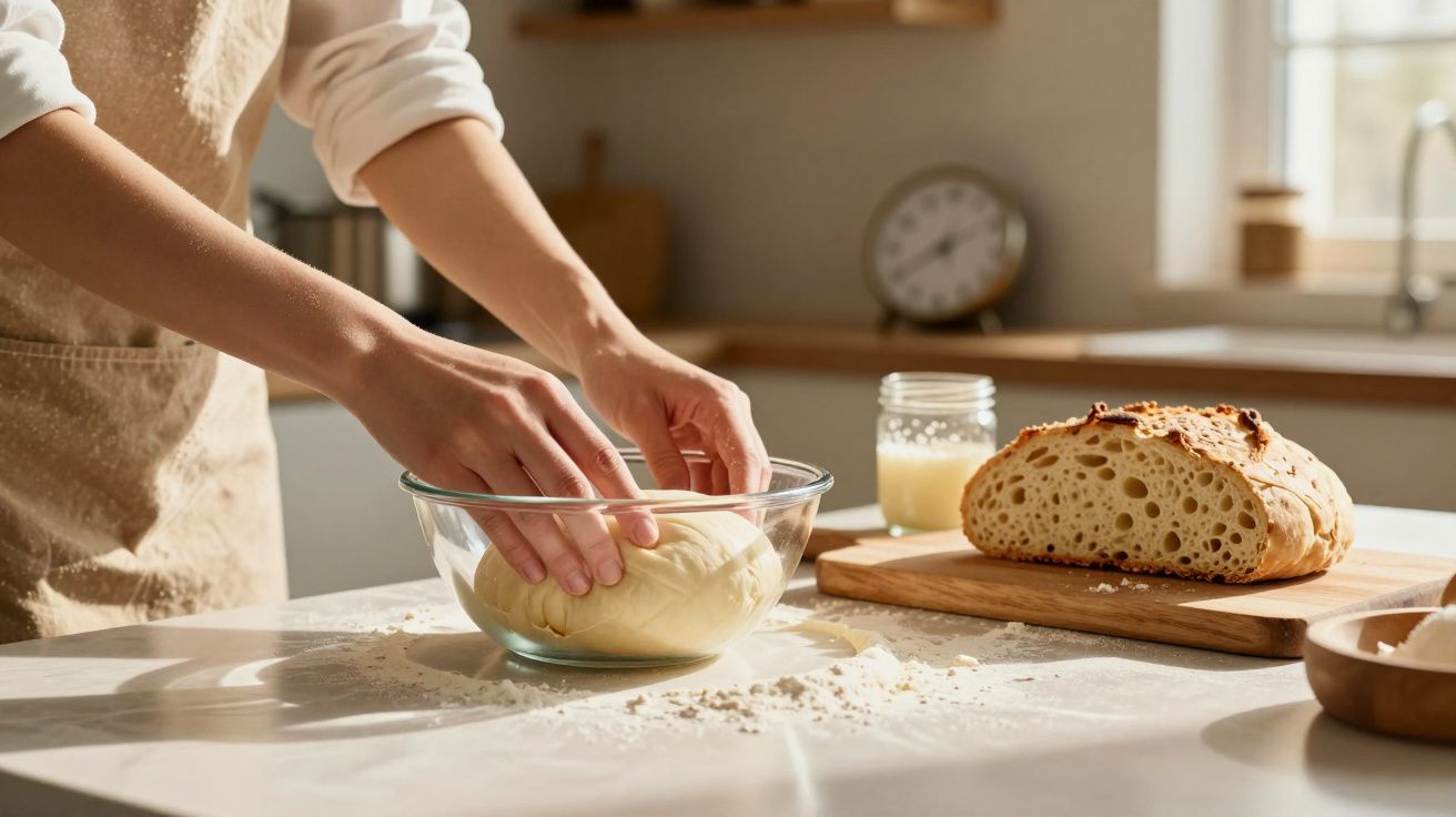 Pessoa a amassar massa de pão numa tigela de vidro numa cozinha com pão e outros ingredientes ao fundo.