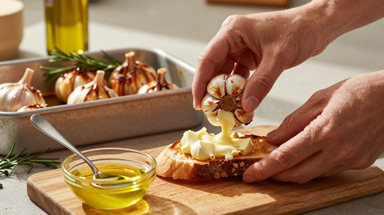 Pessoa a espremer alho assado sobre tosta com manteiga, com azeite e alho assado ao fundo.