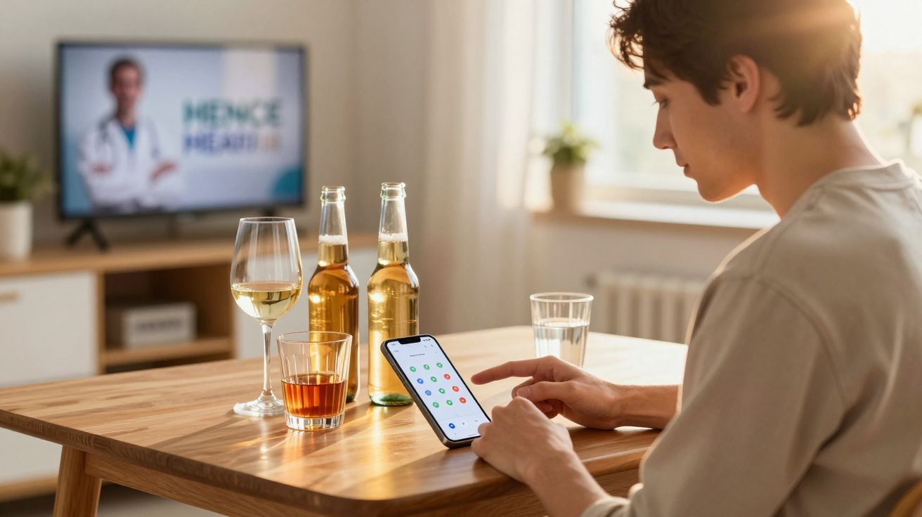 Jovem sentado à mesa com bebidas e a usar telemóvel, televisão ligada ao fundo numa sala iluminada.