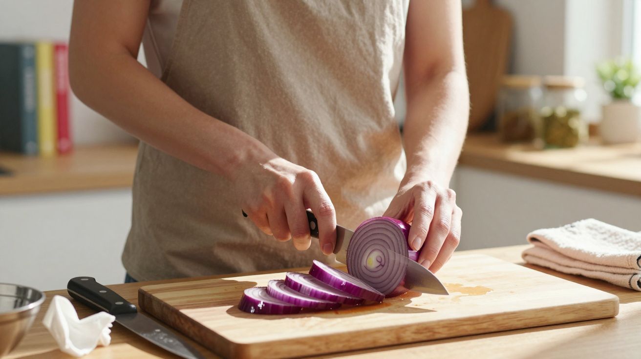 Pessoa a cortar cebola roxa em fatias finas numa tábua de madeira numa cozinha iluminada.